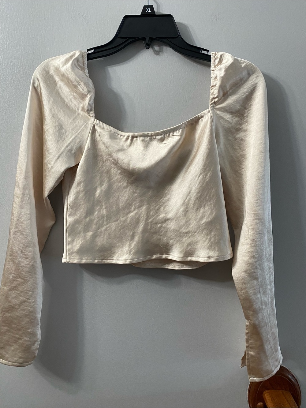 Silky SatinCream Square-Neck Long-Sleeve Crop Top